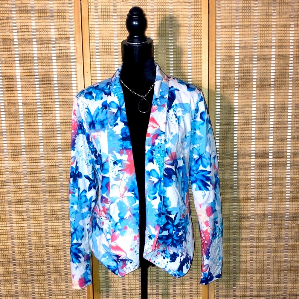 Mossimo | Women’s Open-Front Blue Floral Printed Jacket/Blazer - Size Large
